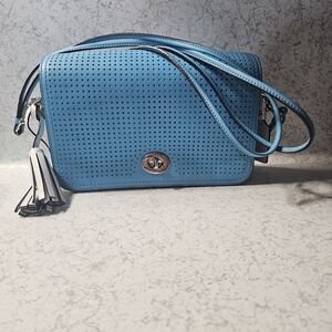 Coach Crossbody Robin Bag Blue Perforated Leather Turnlock Tassel Purse Legacy